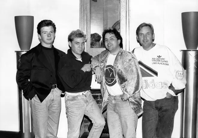 Rick Astley with record producers Mike Stock, Matt Aitken and Pete Waterman in 1987.