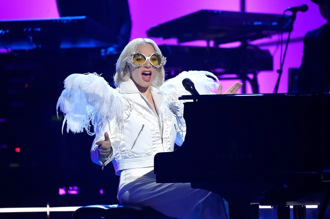 Lady Gaga performing 'Your Song' in 2018. (Photo by Kevin Mazur/Getty Images for NARAS)