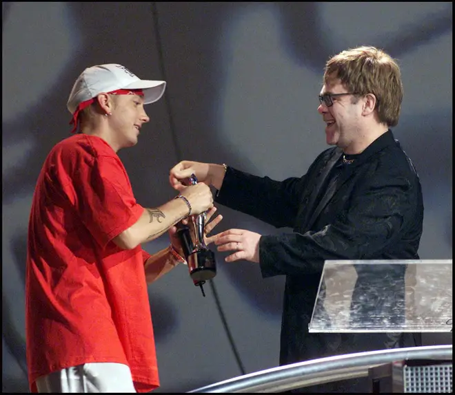 Elton and Eminem in 2001. (Photo by Dave Hogan/Getty Images)