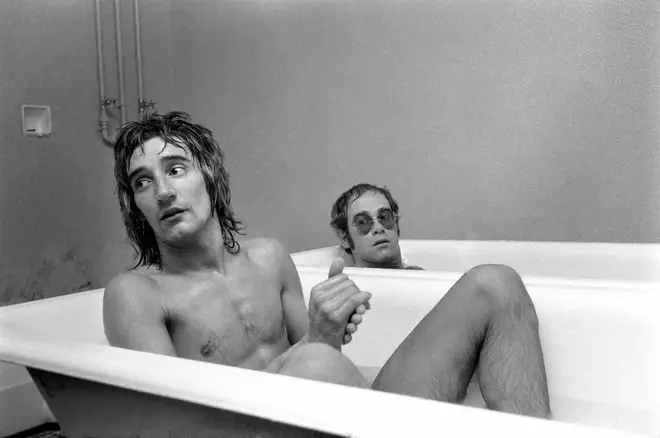 Elton John and Rod Stewart taking a bath together in 1973.