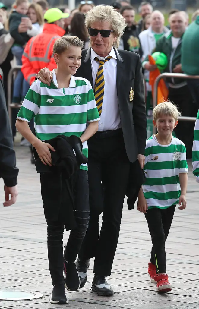 Rod Stewart with his youngest children Alastair and Aiden at a Celtic match in 2017.