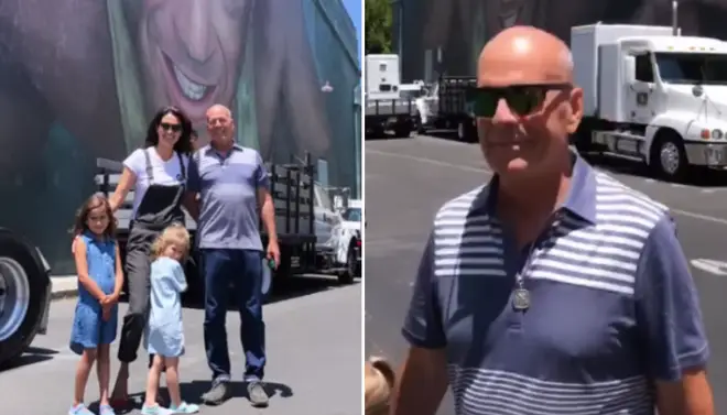 Bruce Willis' wife has shared a throwback video of Bruce Willis and his youngest children visiting the Die Hard set in 2018.