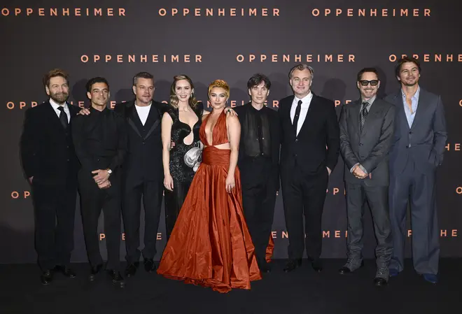 Christopher Nolan with the star-studded cast of his new blockbuster Oppenheimer at the London premiere . (Photo by Gareth Cattermole/Getty Images)