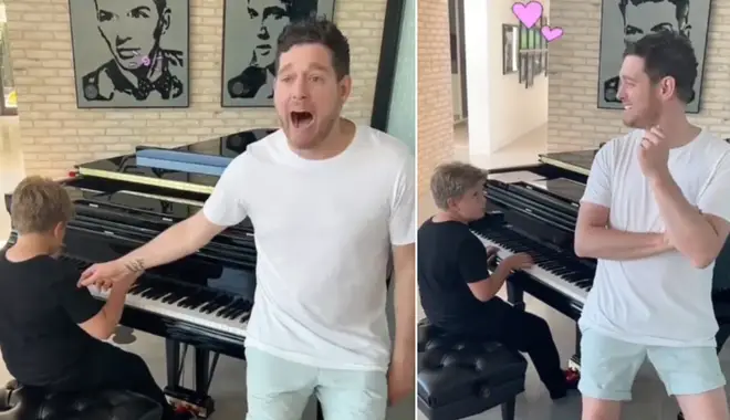 Michael Bublé, 47, was left visibly moved as he witnessed his 9-year-old son deliver a heartwarming rendition of his own song, 'I'll Never Not Love You,' on the piano.