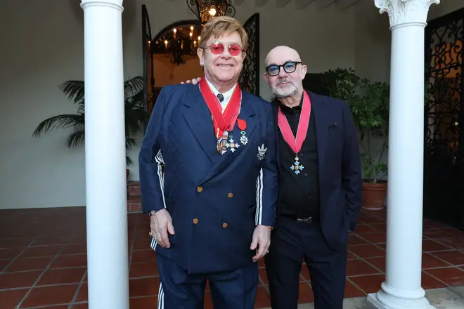 Elton and Bernie together in 2022. (Photo by Phillip Faraone/Getty Images for British Consulate-General Los Angeles)