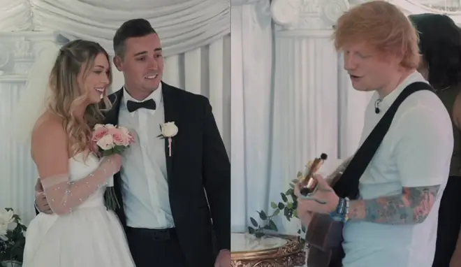 Ed Sheeran gave one newly-married couple the shock of their lives, when he surprised guests at their wedding and serenaded the pair on his guitar.