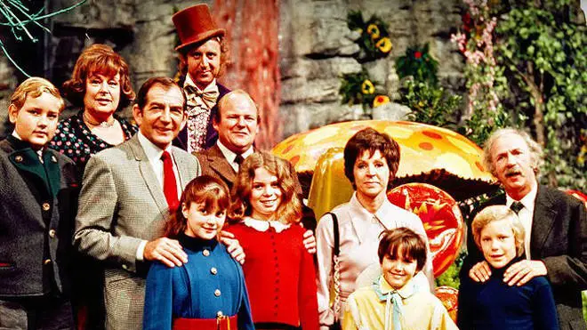 Denise Nickerson as Violet Beauregarde alongside the Willy Wonka & The Chocolate Factory cast