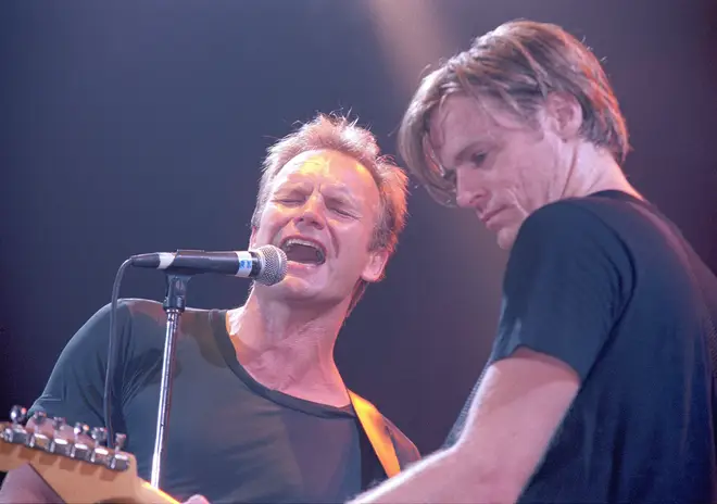 Sting and Bryan Adams performing on stage, 1995. (Photo by Phil Dent/Redferns)