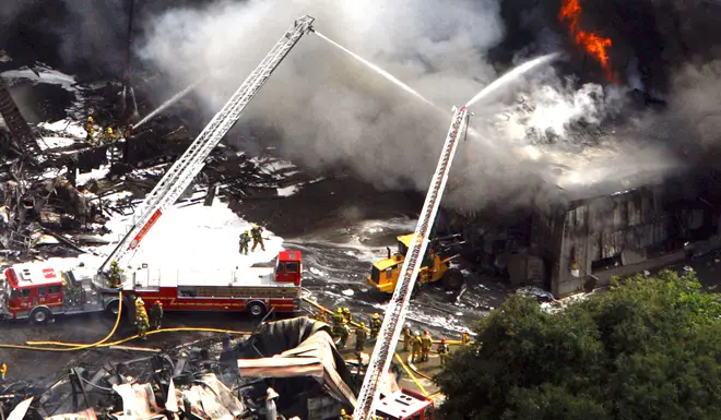 Fire crews battling the flames at Universal Studios in 2008