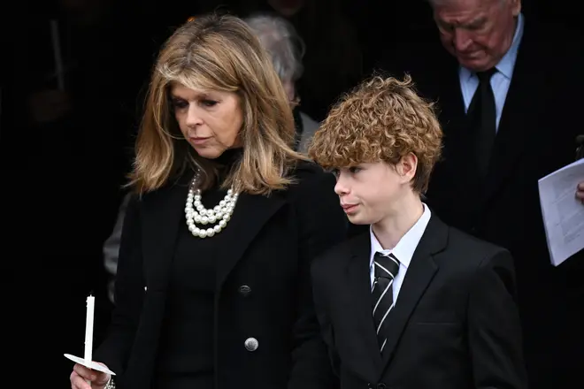 Kate Garraway and son Billy Draper depart the funeral of Derek Draper at St Mary the Virgin Church