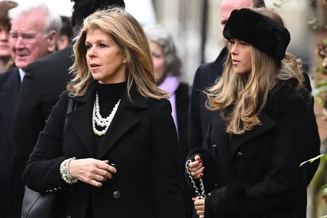 Kate Garraway and daughter Darcey Draper attend the funeral of her husband Derek Draper