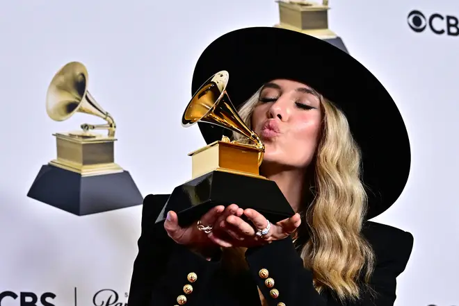 Lainey Wilson poses in the press room with the Grammy for Best Country Album