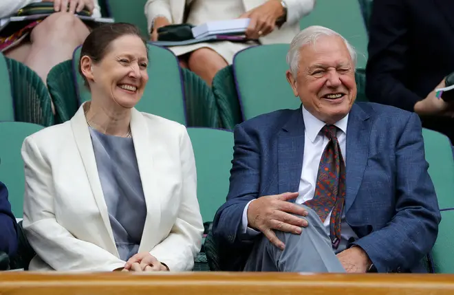 Britain's Sir David Attenborough, right, and his daughter Susan take their seats in the Royal Box for a Men's Singles semifinal match on day eleven at the Wimbledon Tennis Championships in London, Friday, July 14, 2017. (AP Photo/Alastair Grant)