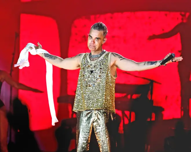 Robbie Williams will be celebrating his fiftieth year on Earth in a UK exclusive performance at BST Hyde Park in 2024. (Photo by Gus Stewart/Redferns)