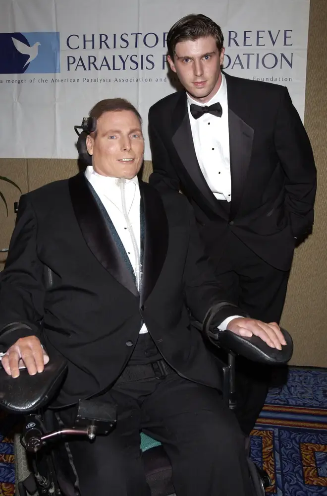 Christopher Reeve and his son Matthew in 2002. (Photo by Kevin Mazur/WireImage)