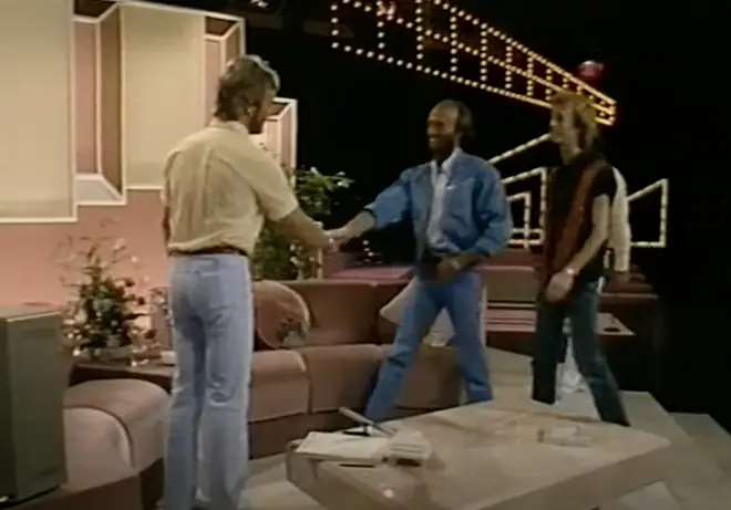 The moment came after the Bee Gees gave an a cappella performance of the 1950 hit 'Lollipop', before joining Noel Edmonds on a sofa for the sit down interview.