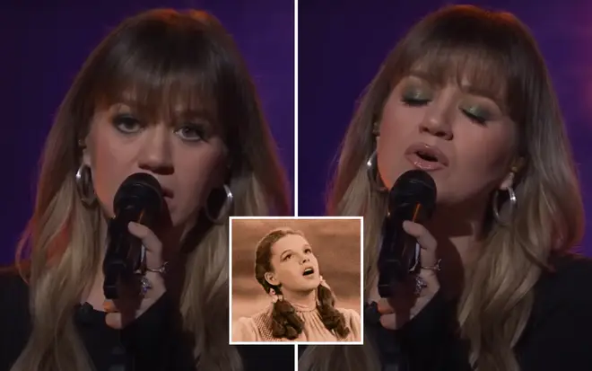 Watch Kelly Clarkson stun the audience on her talk show with a beautiful rendition of Judy Garland's 'Over The Rainbow'.