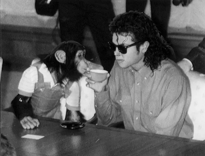Michael Jackson pictured in Japan in 1987 with Bubbles the Chimp.