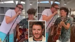 This is the moment Simon Le Bon got up to sing one of his most famous hits to the delight of diners at a Spanish restaurant.