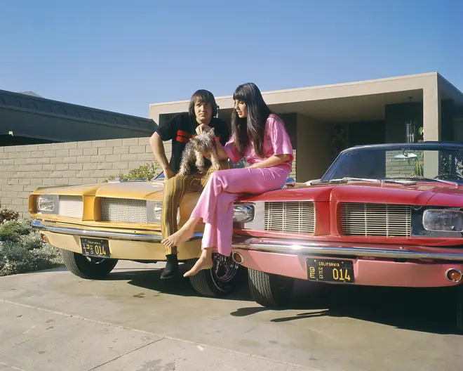 Sonny & Cher, aka husband and wife Sonny Bono and Cher, pictured outside their Encito home circa 1965