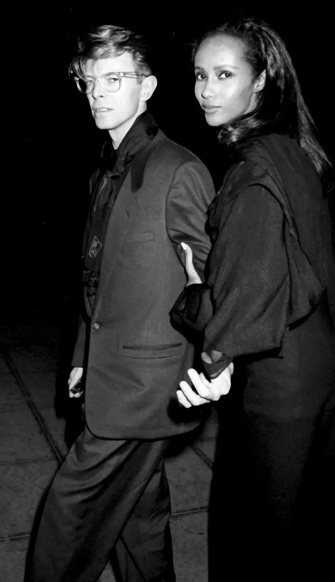 David Bowie and Iman attend Eduard Nakhamkin Fine Arts Gallery Exhibit Opening on November 27, 1990 in New York City.