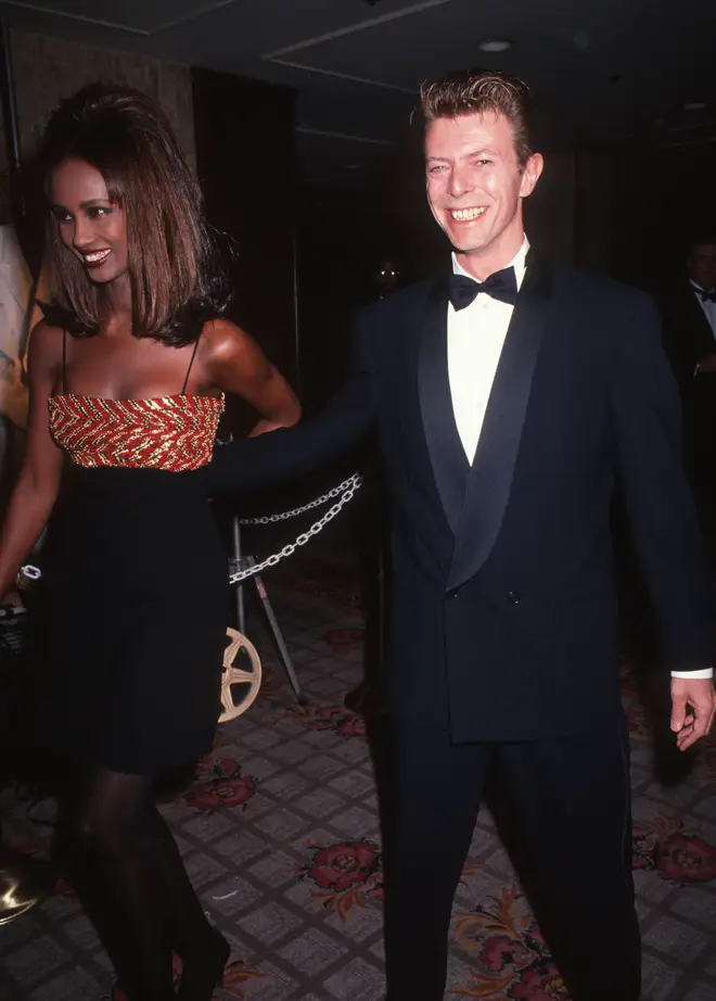 David Bowie and model Iman attend Sixth Annual American Cinematheque Awards on March 22, 1991 at the Century Plaza Hotel in Century City, California.