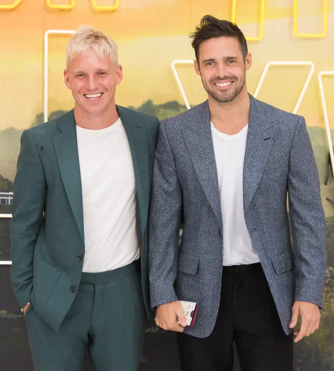 Jamie Laing and Spencer Matthews attend the "Once Upon a Time... in Hollywood"  UK Premiere at Odeon Luxe Leicester Square on July 30, 2019 in London