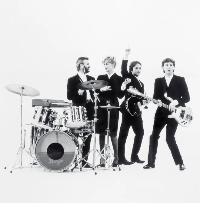 Ringo Starr, Linda, Eric Stewart and Paul McCartney filming a video for 'So Bad'