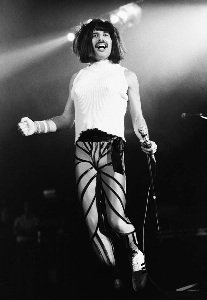Lead singer Freddie Mercury performing on stage on his 38th birthday in drag at Wembley Arena. 5th September 1984.