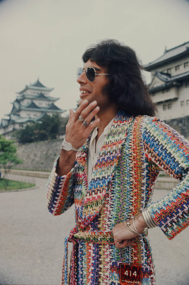 Freddie Mercury against the Nagoya Castle, Nagoya while on tour in Japan on April 22, 1975.