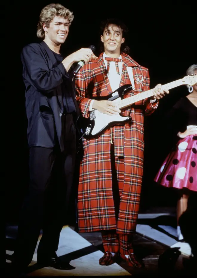 Andrew Ridgeley and George Michael performing during the pop duo's 1985 world tour, January 1985.